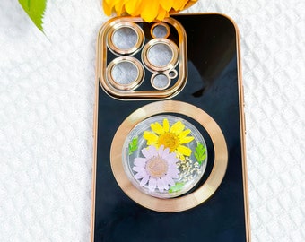Real Flower Phone Grip, Strawberry Pressed Fruit Grip, Pansy Daisy Baby's Breath Dried Flower Grip, Magnetic Lemon Pressed Flower Phone Grip