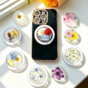 Telefoongreep met echte bloem, greep aardbei geperst fruit, viooltje madeliefje baby's adem gedroogde bloem greep, magnetische citroen geperste bloem telefoongreep