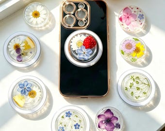 Real Flower Phone Grip, Strawberry Pressed Fruit Grip, Pansy Daisy Baby's Breath Dried Flower Grip, Magnetic Lemon Pressed Flower Phone Grip