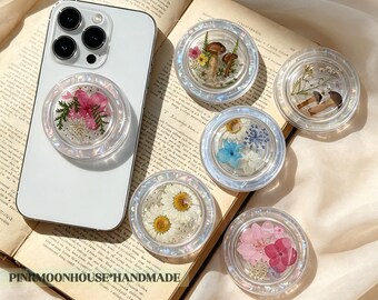Holographic Resin Phone Grip, Dried Flower Phone Holder,Cute Kindle Grip,Real Mushroom Magnetic Grip For Kindle,Cute Grip for Kindle & Phone