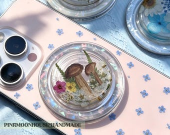 Real Mushroom Magnetic Grip,Holographic Resin Phone Grip, Dried Flower Phone Holder, Cute Grip For Kindle ,Handmade Gift for Book Lovers