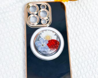 Real Flower Phone Grip, Strawberry Pressed Fruit Grip, Pansy Daisy Baby's Breath Dried Flower Grip, Magnetic Lemon Pressed Flower Phone Grip