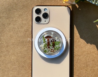 Handmade Forget Me Not Real Rose Flower Phone Grip, Pressed Mushroom Magnetic Grip For Kindle, Dried Fern Leaf Plant Phone Holder Charm