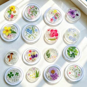 May include: A collection of sixteen circular resin coasters featuring embedded pressed flowers, leaves, and botanical elements. Each clear coaster displays a unique arrangement of colorful petals, greenery, and small ferns, with some designs incorporating gold flakes within the transparent resin material.