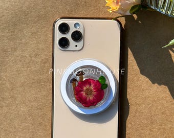 Handmade Forget Me Not Real Rose Flower Phone Grip, Pressed Mushroom Magnetic Grip For Kindle, Dried Fern Leaf Plant Phone Holder Charm