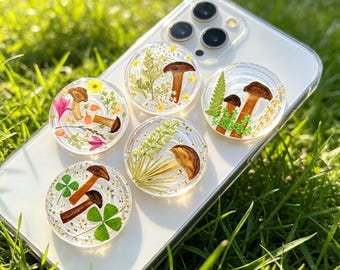 Real Pressed Flower Phone Grip, Butterfly Grip, Mushroom Handmade Dried Lace Floral Base, Fern Leaf Magnetic Grip For Kindle