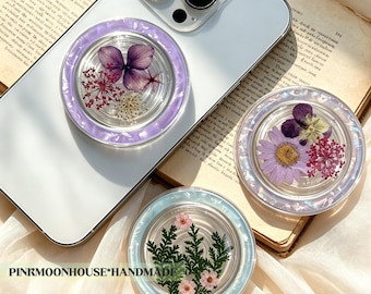 Real Flower Resin Magnetic Phone Grip,Holographic Resin Phone Grip, Cute Real Flower Grip For Kindle, Daisy Flower Phone Holder, Phone Charm