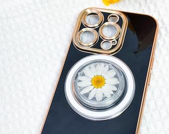 Real Flower Phone Grip, Strawberry Pressed Fruit Grip, Pansy Daisy Baby's Breath Dried Flower Grip, Magnetic Lemon Pressed Flower Phone Grip