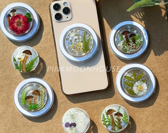 Handmade Forget Me Not Real Rose Flower Phone Grip, Pressed Mushroom Magnetic Grip For Kindle, Dried Fern Leaf Plant Phone Holder Charm