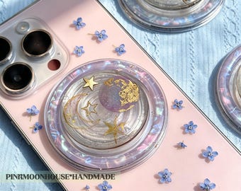 Space Moon Resin Magnetic Phone Grip,Holographic Resin Phone Grip,Galaxy Planet Phone Grip For Kindle, Planet Phone Holder, Star Phone Charm