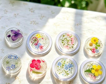 Real Forget Me Not Pressed Flower Phone Grip, Dried Pansy Narcissus Lace Handmade Floral Base, Mushroom Fern Leaf Magnetic Grip For Kindle