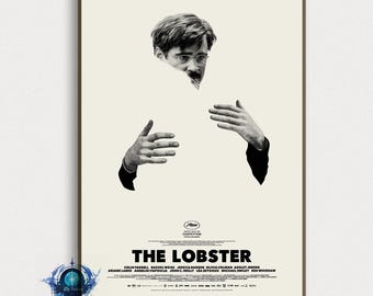 May include: A black and white movie poster for the film "The Lobster" featuring a man's face and hands. The text on the poster reads "The Lobster" and lists the cast members.