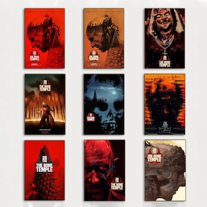 May include: Nine framed posters with the title "28 The Bone Temple". The posters feature various horror-themed illustrations in shades of red, orange, blue, and brown. Some posters depict skulls, figures, and ominous landscapes.