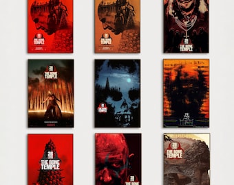 May include: Nine framed posters with the title "28 The Bone Temple". The posters feature various horror-themed illustrations in shades of red, orange, blue, and brown. Some posters depict skulls, figures, and ominous landscapes.