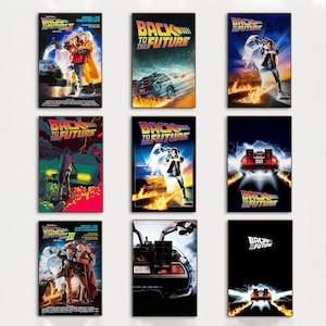 May include: Nine framed movie posters for the "Back to the Future" film series. Each poster has a dark background with vibrant colours, showcasing the DeLorean time machine and characters. The posters are rectangular and vary in design.