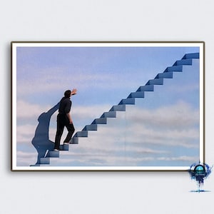 May include: A person walks up a set of stairs that appear to be painted on a blue sky background.