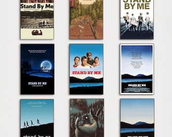 May include: A collage of nine movie posters for the film Stand By Me. Each poster features a different scene from the movie, including a group of boys walking down a railroad track, a bridge over a river, and a group of boys standing in a field. The posters are all in a similar style, with a white background and black text.