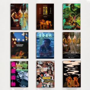 May include: Nine movie poster designs for the film "Chungking Express". The posters feature a variety of scenes and characters from the film, including a woman in a yellow dress, a man in a suit, and a cityscape at night. The posters are all in a similar style, with a minimalist design and a focus on the film's title.