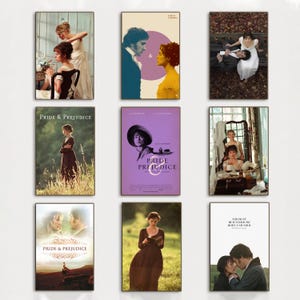 May include: A collage of nine movie posters for the film Pride & Prejudice. The posters feature different scenes from the movie, including a couple dancing, a woman reading a book, and a group of people gathered around a table. The posters are all in a similar style, with a white background and black text.