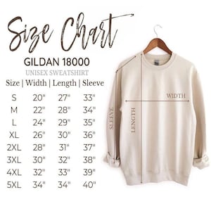 K&ouml;nnte beinhalten: Gr&ouml;&szlig;entabelle f&uuml;r ein Gildan 18000 Unisex-Sweatshirt. Die Tabelle zeigt die Ma&szlig;e in Zoll f&uuml;r Breite, L&auml;nge und &Auml;rmell&auml;nge f&uuml;r die Gr&ouml;&szlig;en S bis 5XL.