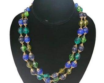 Vintage Double Strand Blue Beaded Necklace