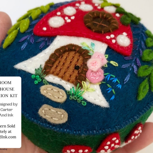 Supplies Kit for Pincushion, Mushroom Fairy House, Fabric And Ink, Wool Pincushion Kit, Pattern Sold Separately