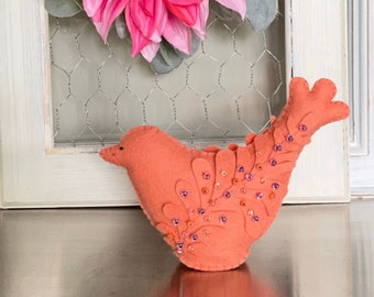 Pincushion Kit, Beaded Bird, DIY, Hand Stitching Project, Coral Bird, Stitchery Kit