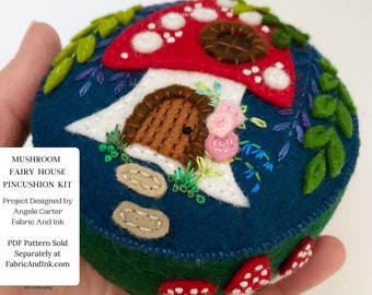 Supplies Kit for Pincushion, Mushroom Fairy House, Fabric And Ink, Wool Pincushion Kit, Pattern Sold Separately