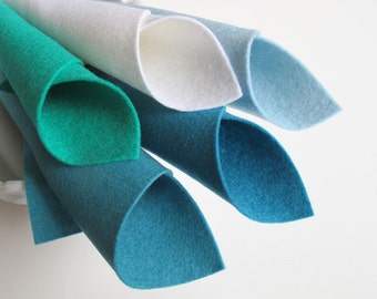 100% Wool, Aquarius Color Story, Felt Fabric Sheets, 8 x 12 Inch Sheets, White, Ocean Blue, Aquamarine, Sea Green, Bermuda Blue, Felt Toys