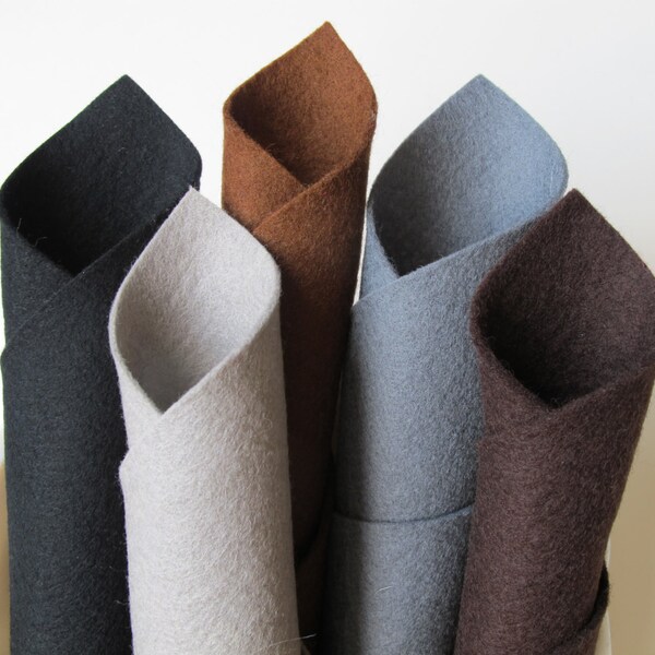 100% Wool, Felt Fabric Sheets, Dark Naturals Color Story, Brown, Gray, Black, Smoke, Slate, Wool Applique, Primitive, Felt Squares