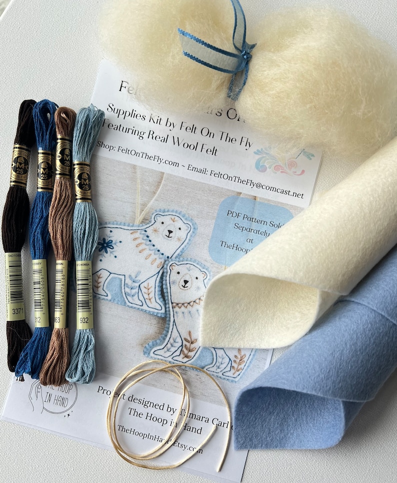 Wool Felt Polar Bear, Ornaments Kit, Pattern Sold Separately, Embroidery, DIY, DMC Floss, Stuffing, Hanging Cord Bild 2