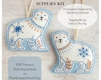 Wool Felt Polar Bear, Ornaments Kit, Pattern Sold Separately, Embroidery, DIY, DMC Floss, Stuffing, Hanging Cord