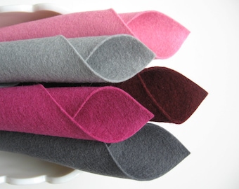 100% Wool, Felt Fabric Set, Bucket of Berries Color Story, Mulberry, Lavender Pink, Grey, Merlot, Slate,  1mm Merino