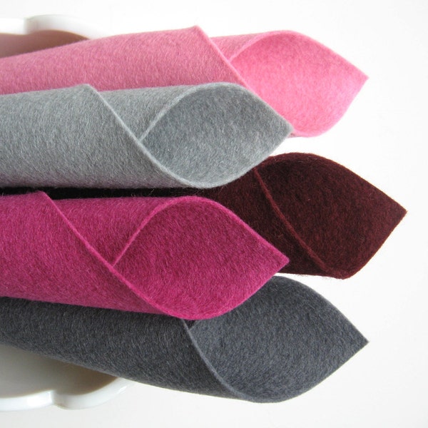100% Wool, Felt Fabric Set, Bucket of Berries Color Story, Mulberry, Lavender Pink, Grey, Merlot, Slate,  1mm Merino