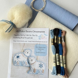 Wool Felt Polar Bear, Ornaments Kit, Pattern Sold Separately, Embroidery, DIY, DMC Floss, Stuffing, Hanging Cord image 6