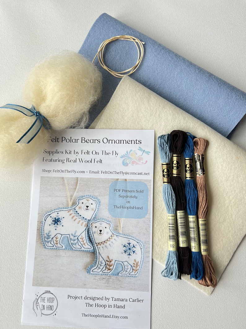 Wool Felt Polar Bear, Ornaments Kit, Pattern Sold Separately, Embroidery, DIY, DMC Floss, Stuffing, Hanging Cord Bild 6