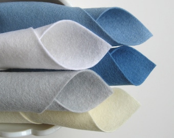 100% Wool, Felt Fabric, Five Piece Set, Glacier Color Story, Baby Blue, Ecru, White, Silver Grey, Wedgwood Blue