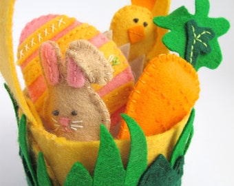 Easter Basket Set, Pattern Included, DIY Kit, Pure Wool Felt, DMC Floss, Wool Stuffing, Spring Decor, Make It Yourself