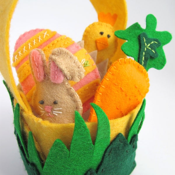 Easter Basket Set, Pattern Included, DIY Kit, Pure Wool Felt, DMC Floss, Wool Stuffing, Spring Decor, Make It Yourself