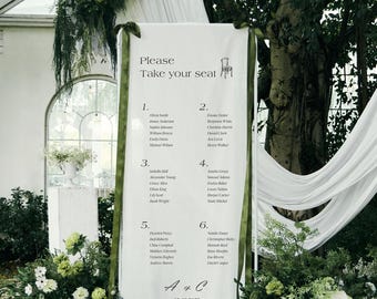 Wedding Seating Chart, Fabric Table Plan – Elegant Wedding Sign, Outdoor Reception Decor, Custom Linen Seating Banner for Garden Wedding