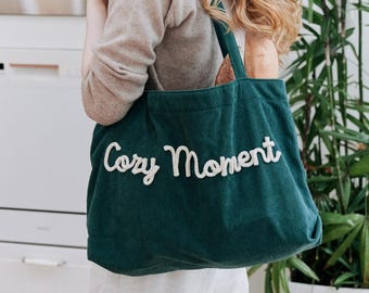 Personalized Christmas Tote Bag, Custom Name Corduroy Tote, Cute Holiday Gift Bag for Her, Stocking Stuffer, Winter Tote