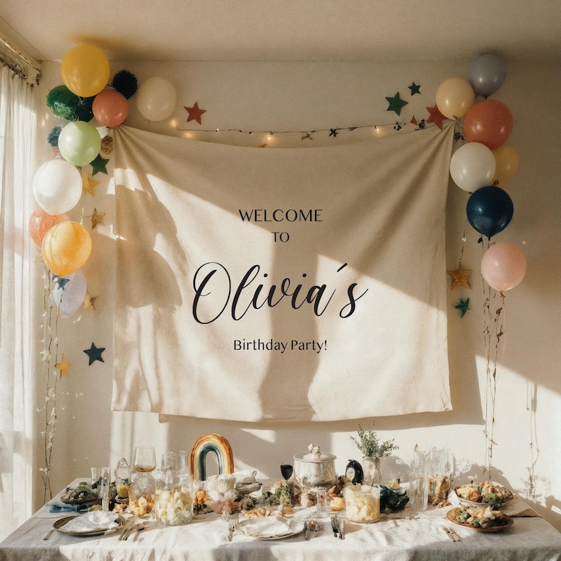 May include: A birthday party scene with a banner that reads "Welcome to Olivia's Birthday Party!" Balloons in various colors, including yellow, pink, and blue, decorate the background. A table is set with food and tableware.
