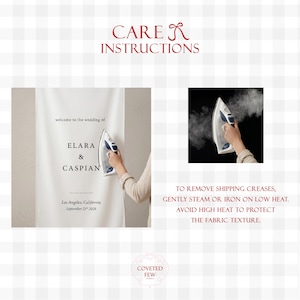 May include: Image showing care instructions for a fabric item. The text reads "CARE INSTRUCTIONS" and provides guidance on removing shipping creases by steaming or ironing on low heat. The image also includes a wedding banner with the names "ELARA & CASPIAN".