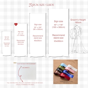 May include: A sign size guide with measurements in inches and centimeters. The guide includes recommended stand sizes and ribbon color options. Text includes "Groom's Height 185cm" and "All orders will include grommet holes by default, unless otherwise specified."