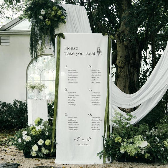 Linen Wedding Seating Chart, Fabric Table Plan – Elegant Wedding Sign, Outdoor Reception Decor, Wedding Lawn Sign, Custom Seating Banner