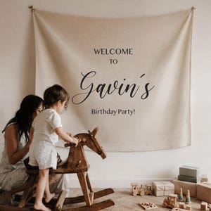 Personalized Birthday Banner, Custom Birthday Backdrop for Kids, Neutral Fabric Party Sign, Baby Birthday Decor, Minimalist Photo Background image 1