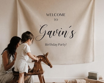 Personalized Birthday Banner, Custom Birthday Backdrop for Kids, Neutral Fabric Party Sign, Baby Birthday Decor, Minimalist Photo Background