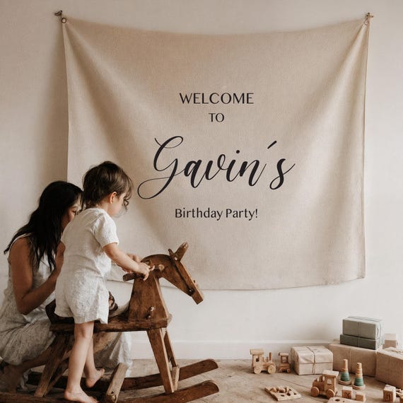 Personalized Birthday Banner, Custom Birthday Backdrop for Kids, Neutral Fabric Party Sign, Baby Birthday Decor, Minimalist Photo Background