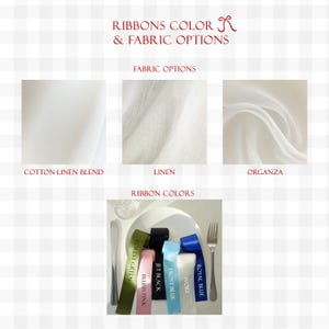 May include: Image showcasing fabric and ribbon options. Fabric swatches include cotton-linen blend, linen, and organza. Ribbon colors displayed are forest green, blush pink, jet black, frost blue, ivory, and royal blue. Text reads "RIBBONS COLOR & FABRIC OPTIONS."