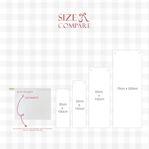 May include: Diagram showing various sizes of a fabric product. The sizes are displayed as rectangular shapes with measurements in centimeters, including 35cm x 100cm, 35cm x 120cm, 50cm x 150cm, and 75cm x 200cm. The diagram also includes a rod pocket and grommets.